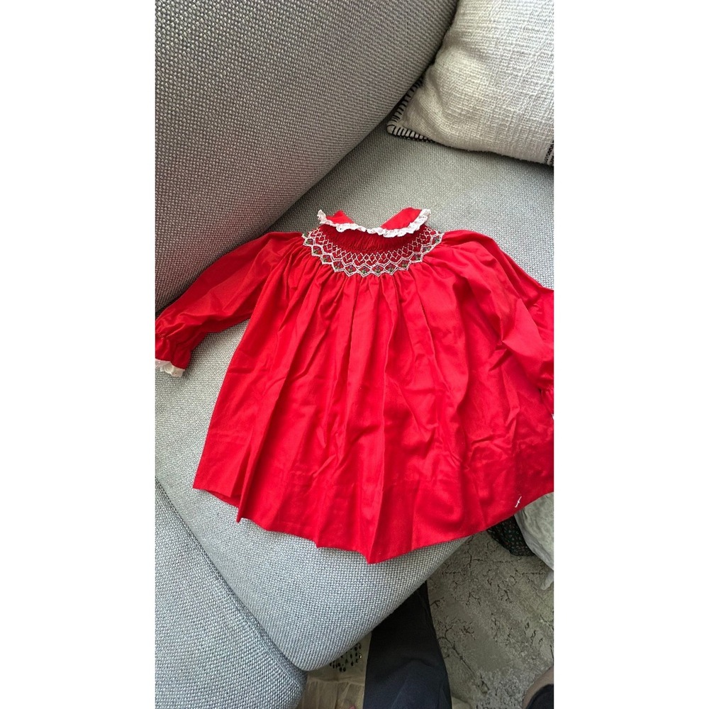 Polly Flinders Vintage Red Hand Smocked Dress Toddler 3 Holiday Eyelet Lace Trim